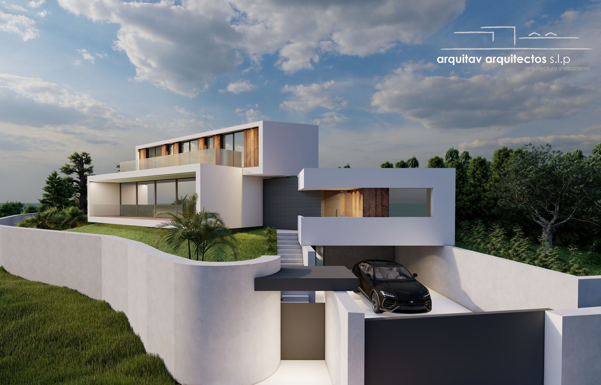 Una casa moderna con un coche aparcado debajo.