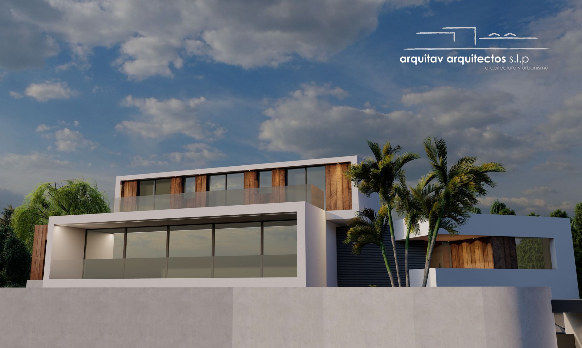 Impresión artística de una casa moderna con palmeras delante.