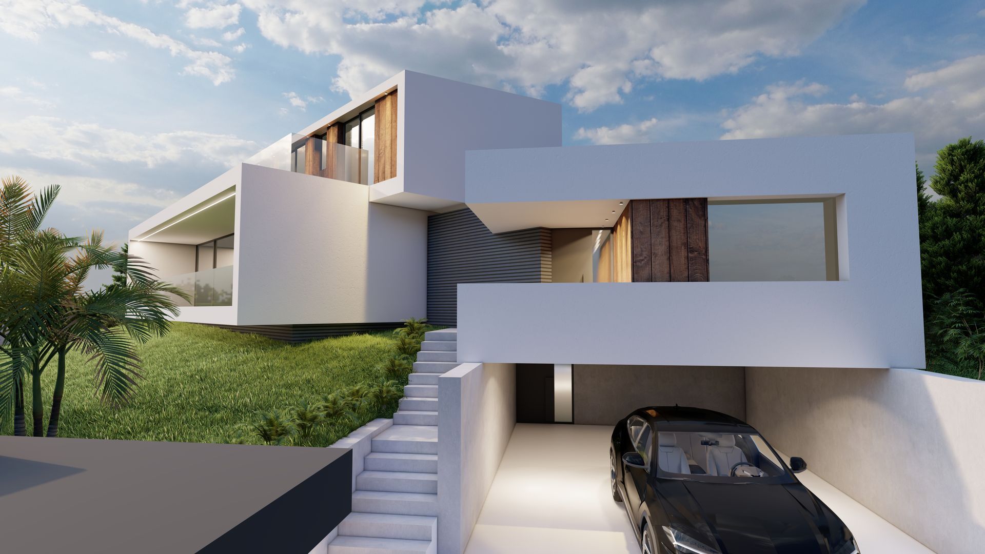 Un coche está aparcado en el garaje de una casa moderna.