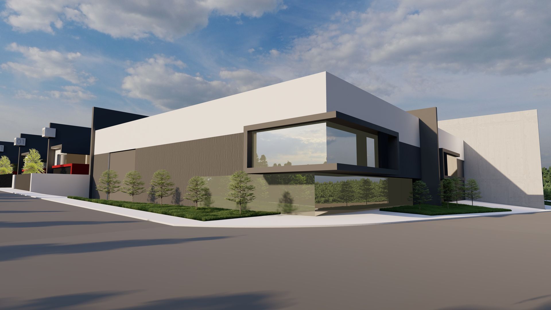 Impresión artística de un gran edificio en la esquina de una calle.