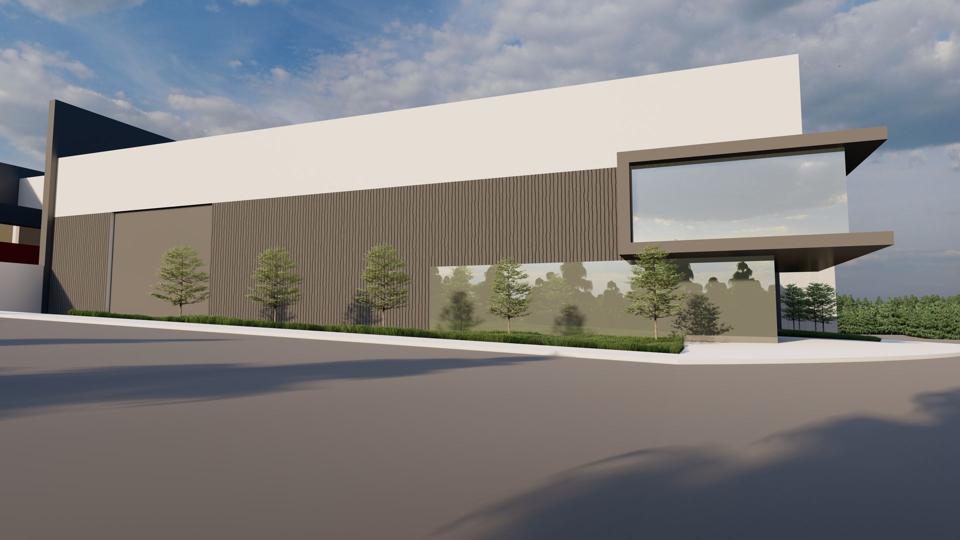 Impresión artística de un gran edificio con árboles delante.