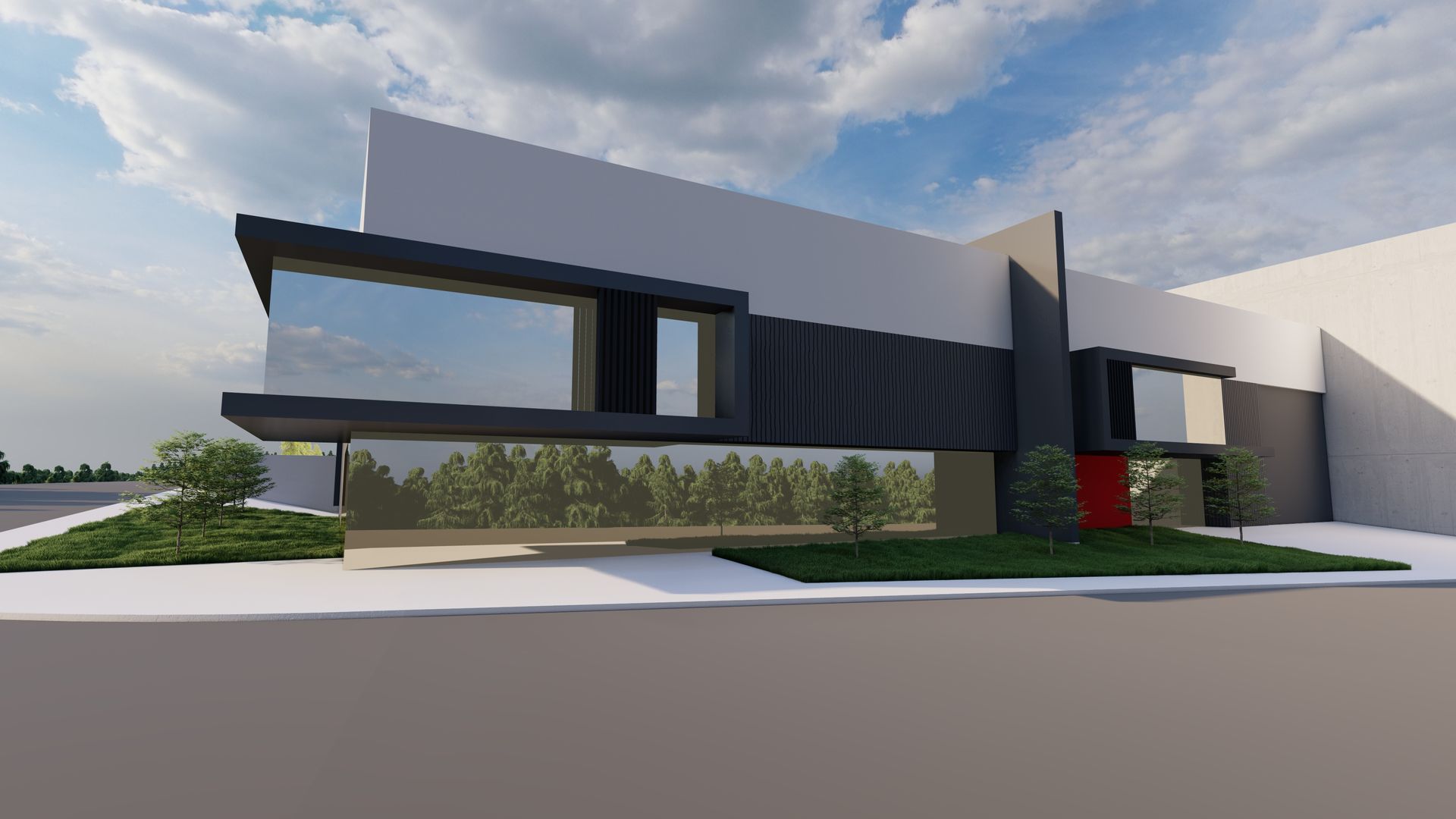 Impresión artística de un gran edificio moderno con una puerta roja.