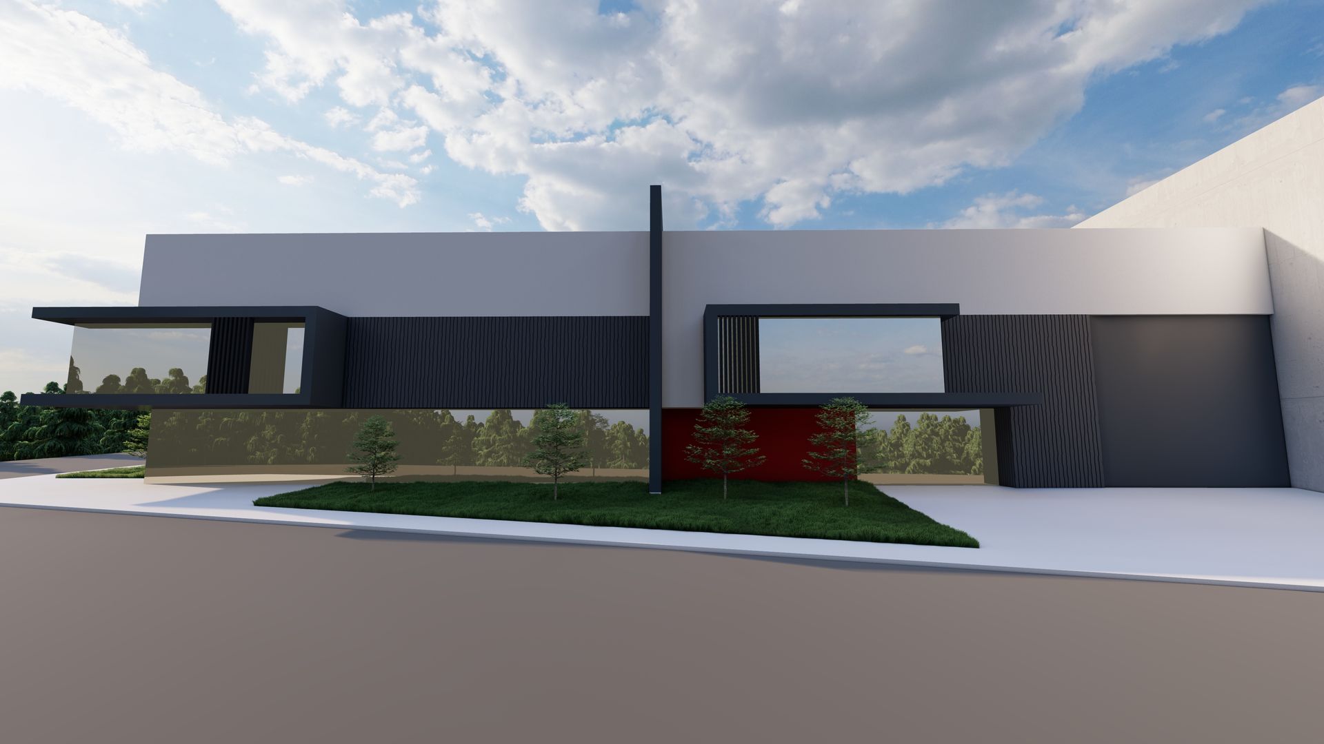 Una representación 3D de una casa moderna con muchas ventanas.