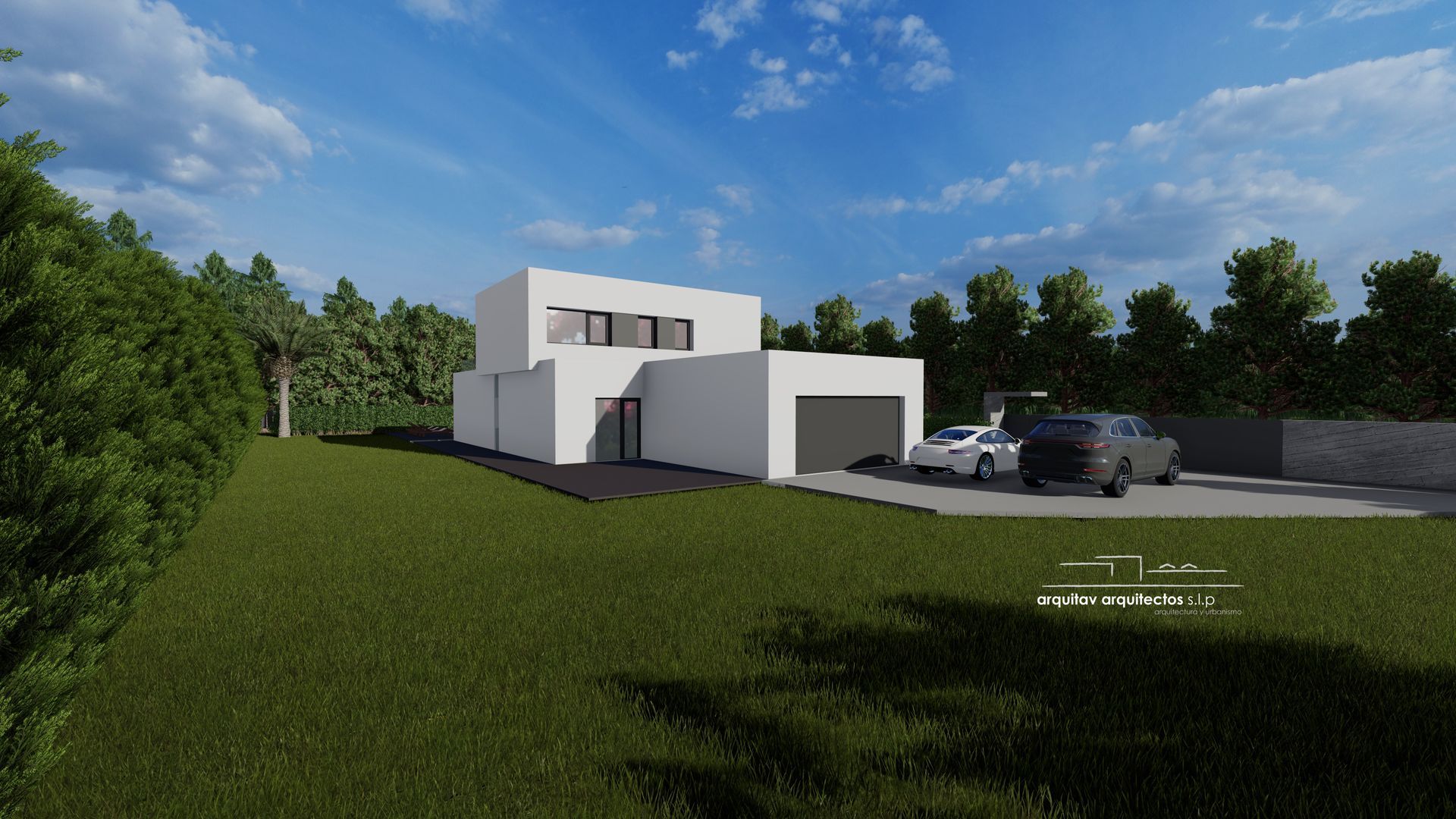 Impresión artística de una casa moderna con coches aparcados delante de ella.