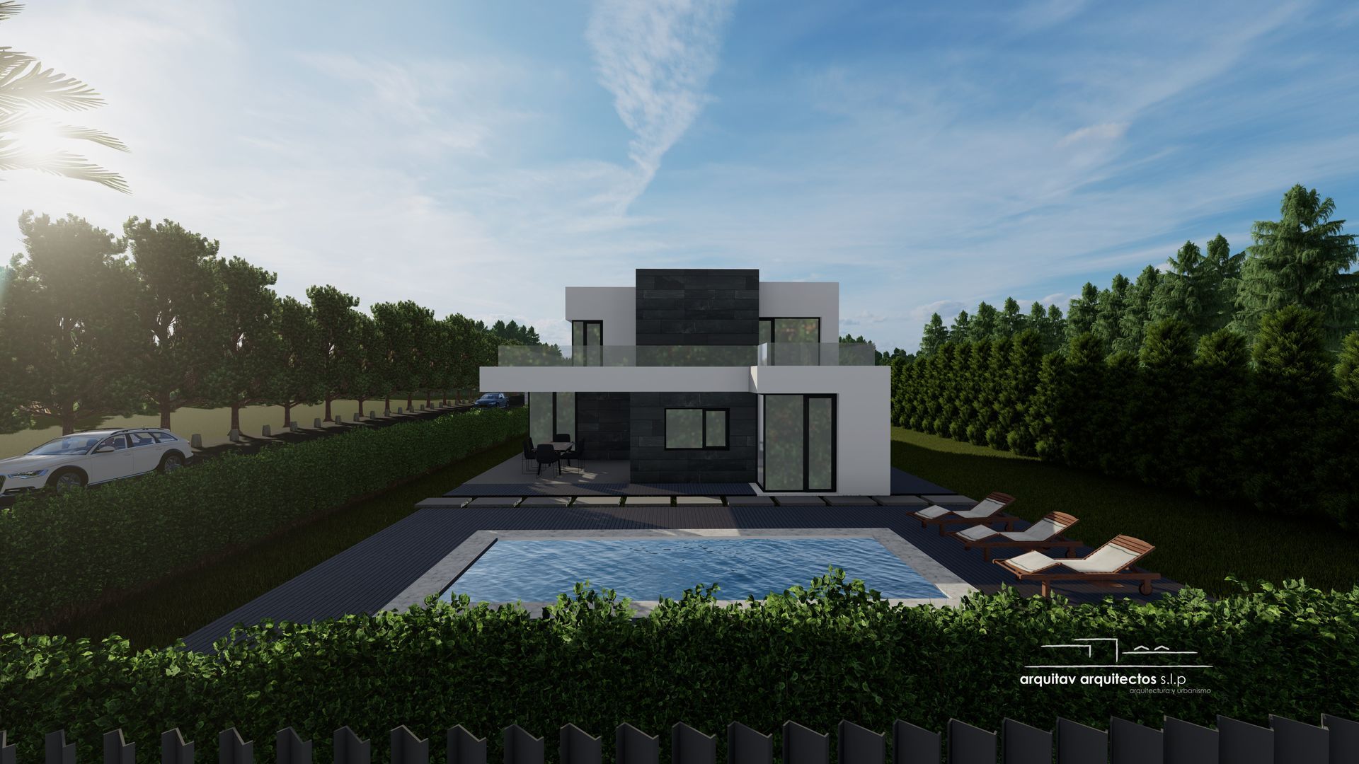 Impresión artística de una casa moderna con piscina.