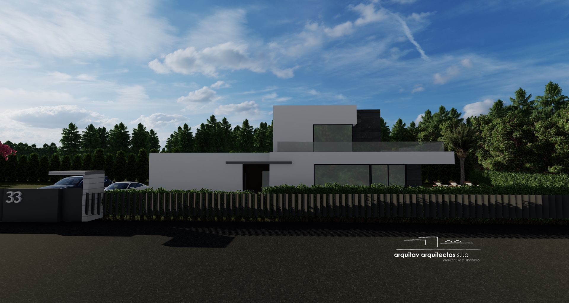 Una representación 3D de una casa moderna con una valla negra y árboles al fondo.