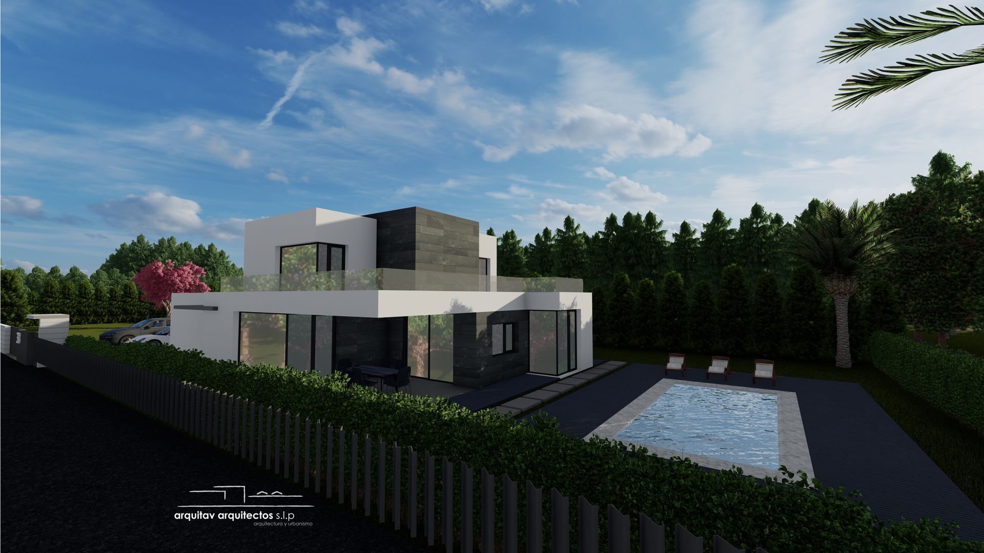 Impresión artística de una casa moderna con piscina rodeada de árboles.