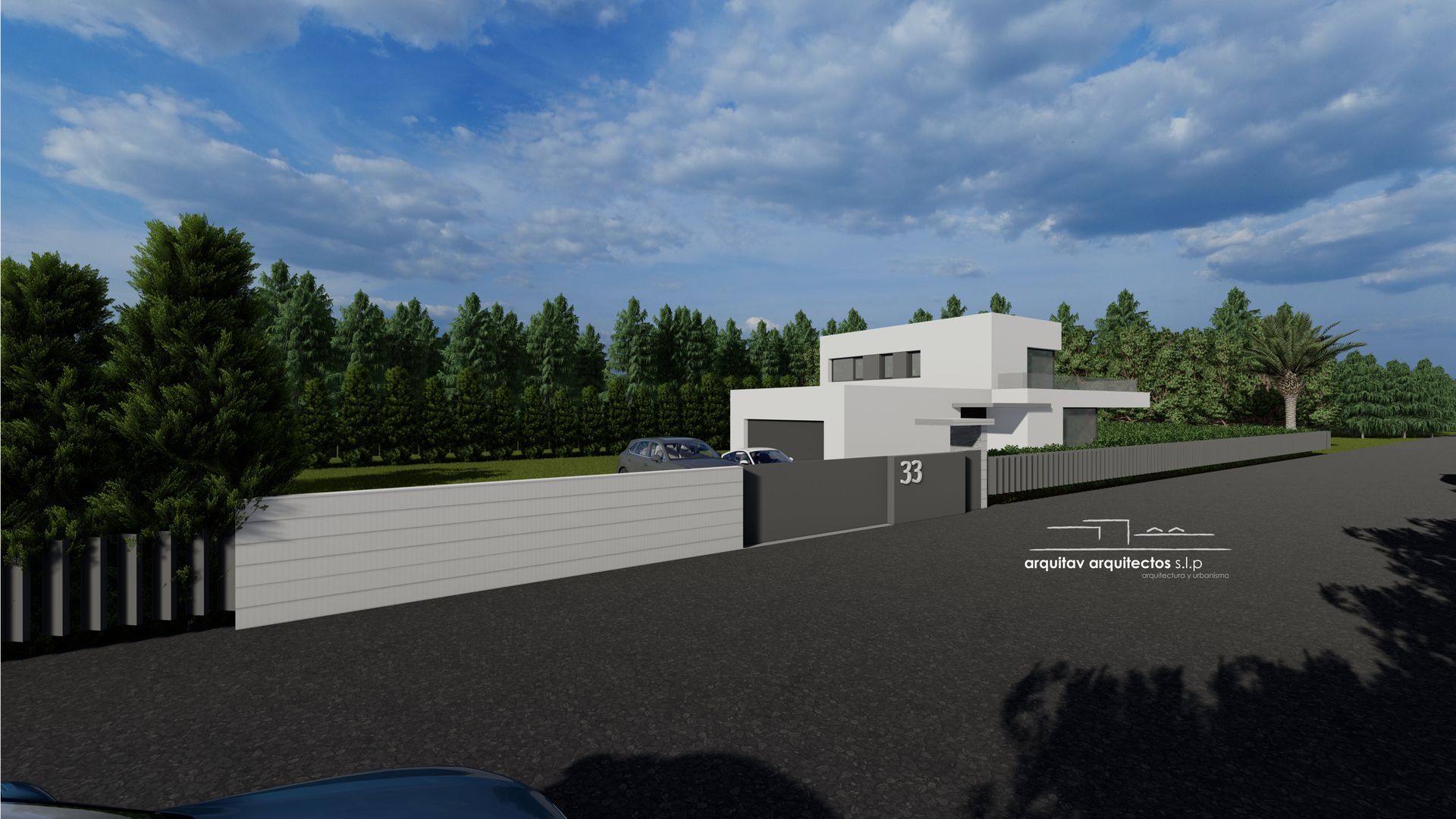 Una imagen generada por computadora de una casa con un automóvil estacionado frente a ella.