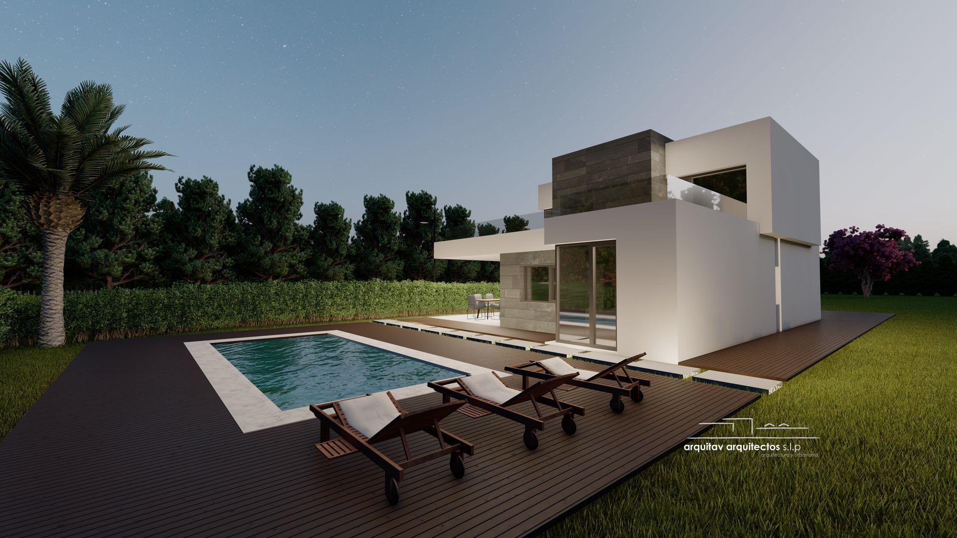 Una casa con piscina y sillas de jardín en frente de ella.