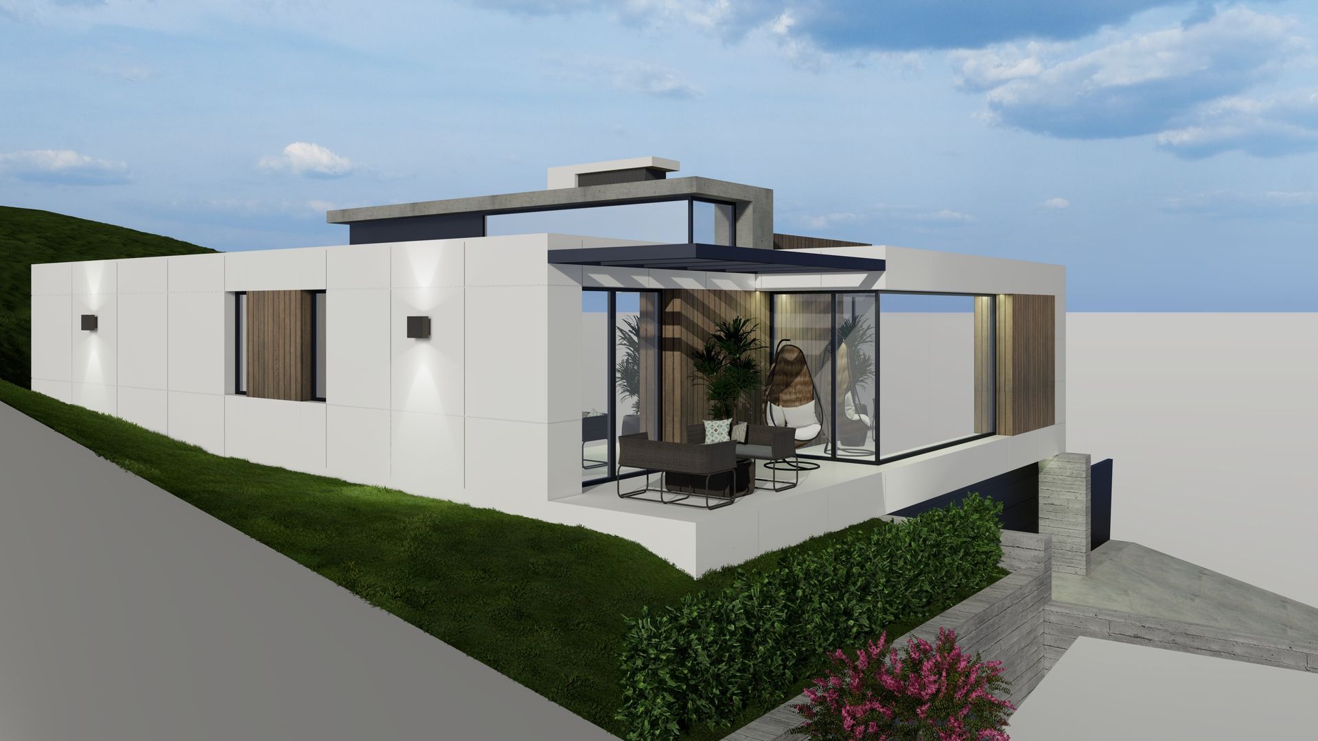 Impresión artística de una casa moderna en una ladera.