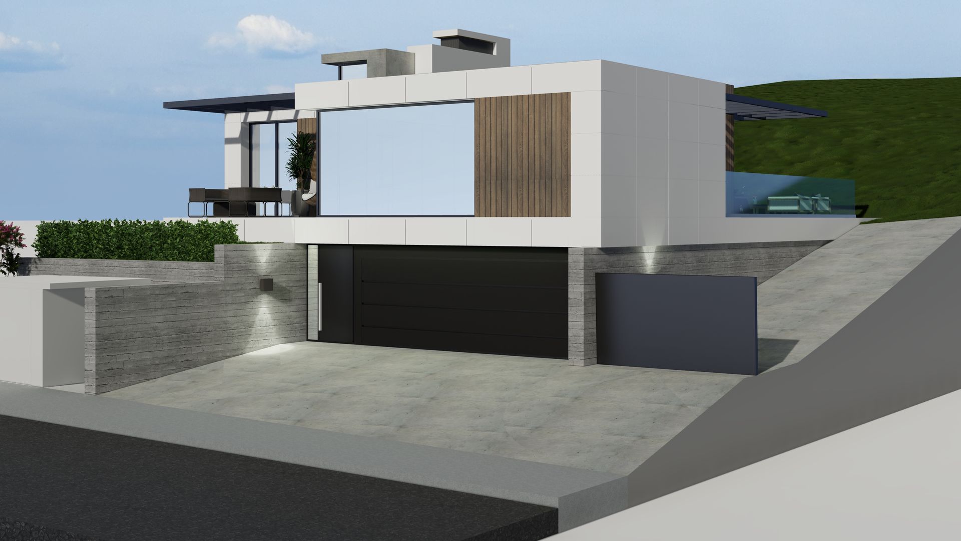 Impresión artística de una casa moderna en una ladera.