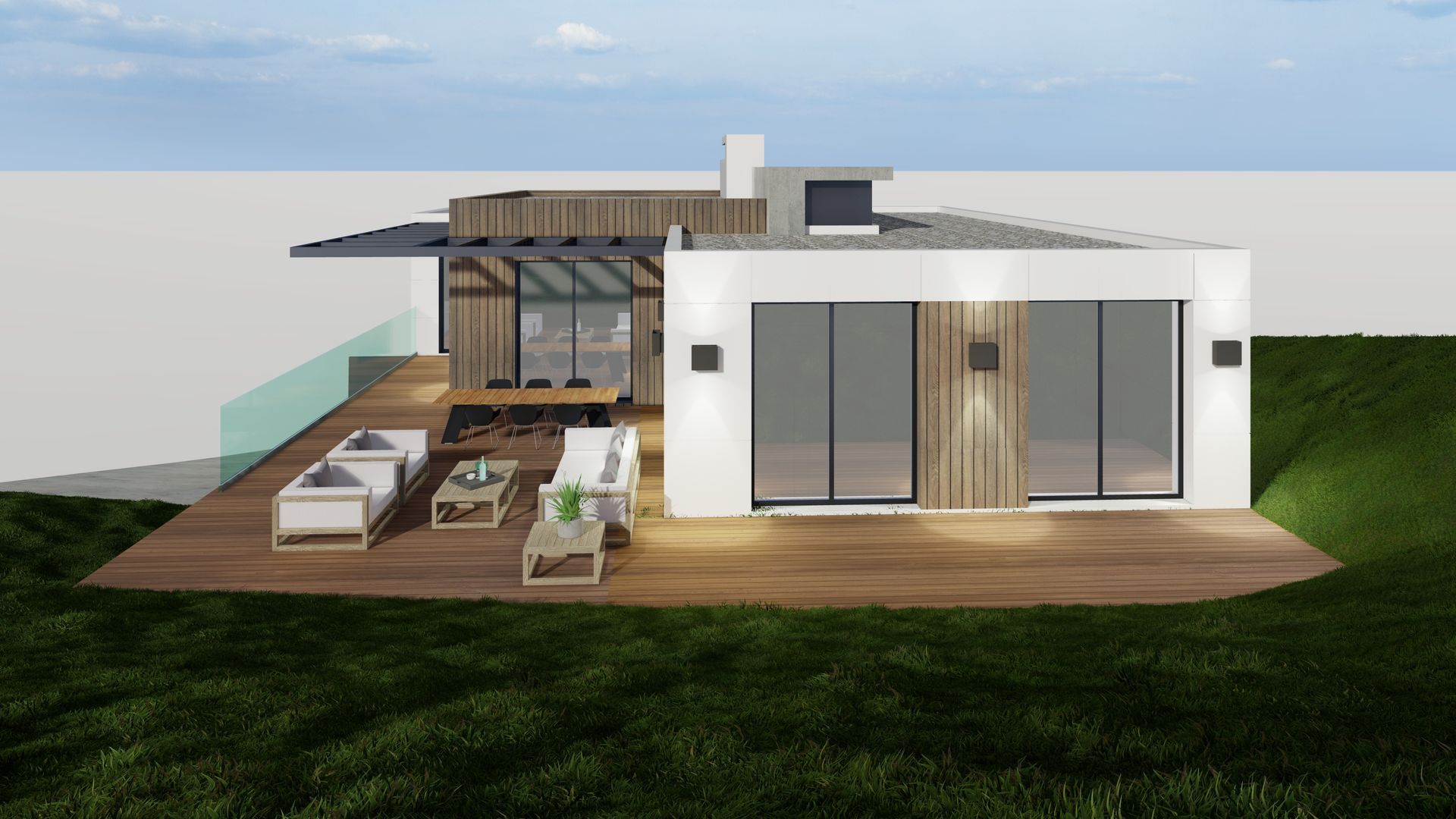 Impresión artística de una casa moderna con terraza de madera.