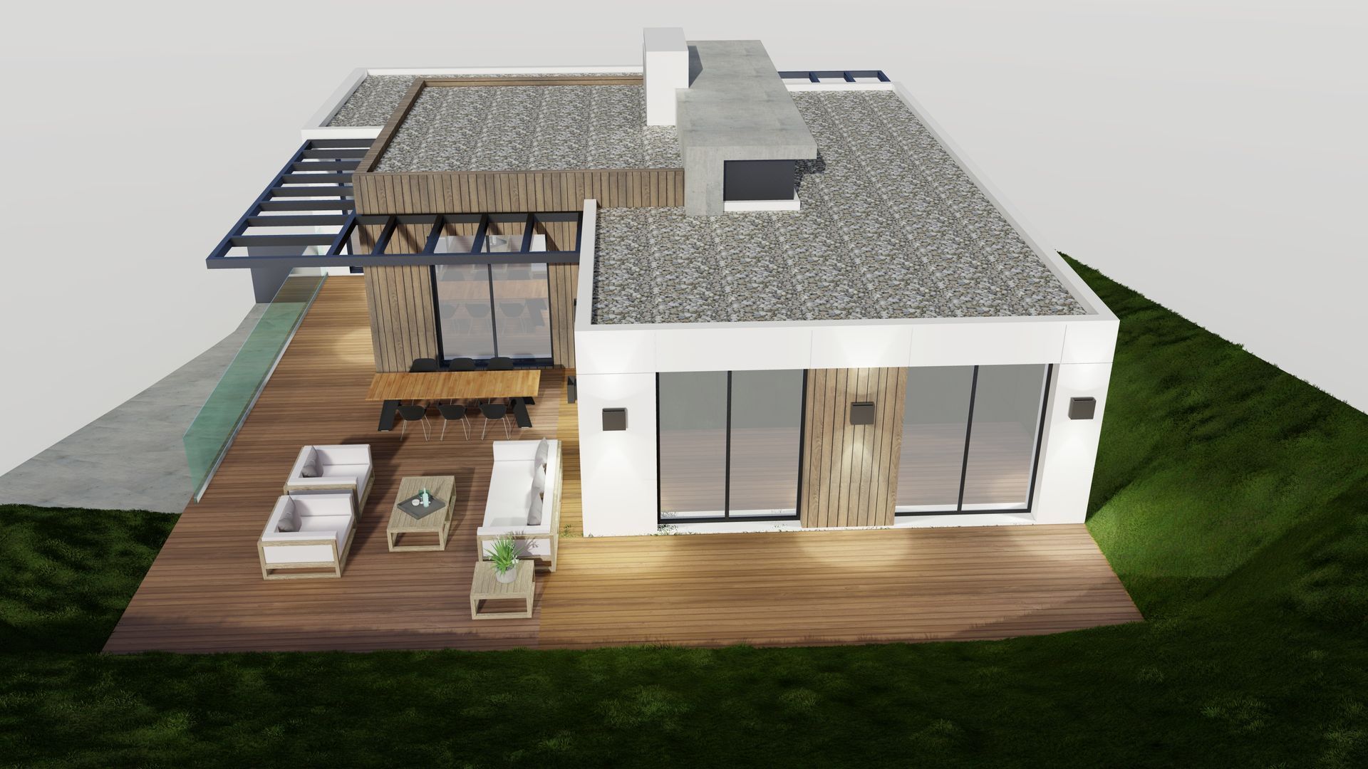 Un modelo 3D de una casa con terraza en la azotea.