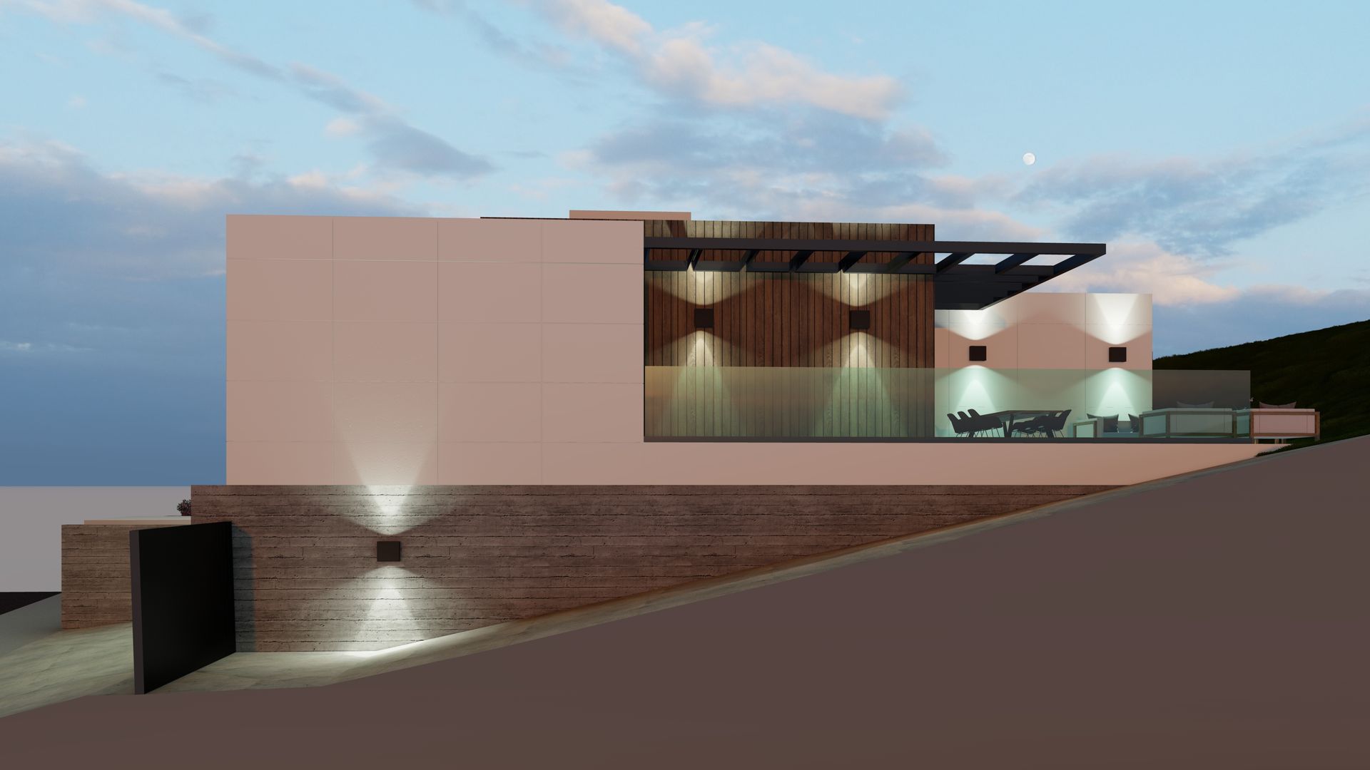 Una representación 3D de una casa en una colina con balcón.