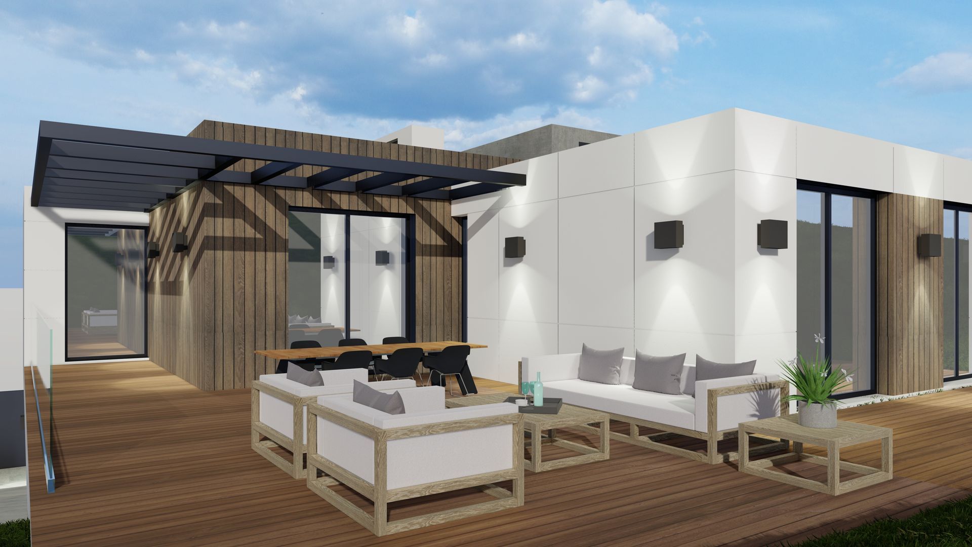 Impresión artística de una casa con patio y muebles.