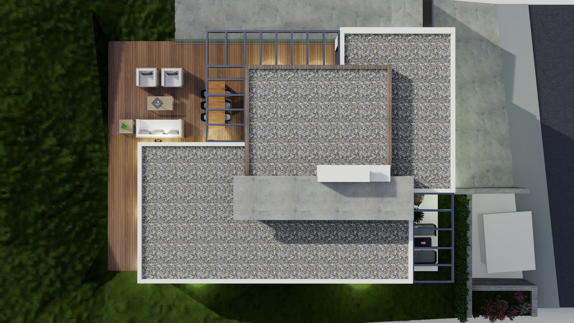 Una vista aérea de una casa con techo de grava y terraza de madera.