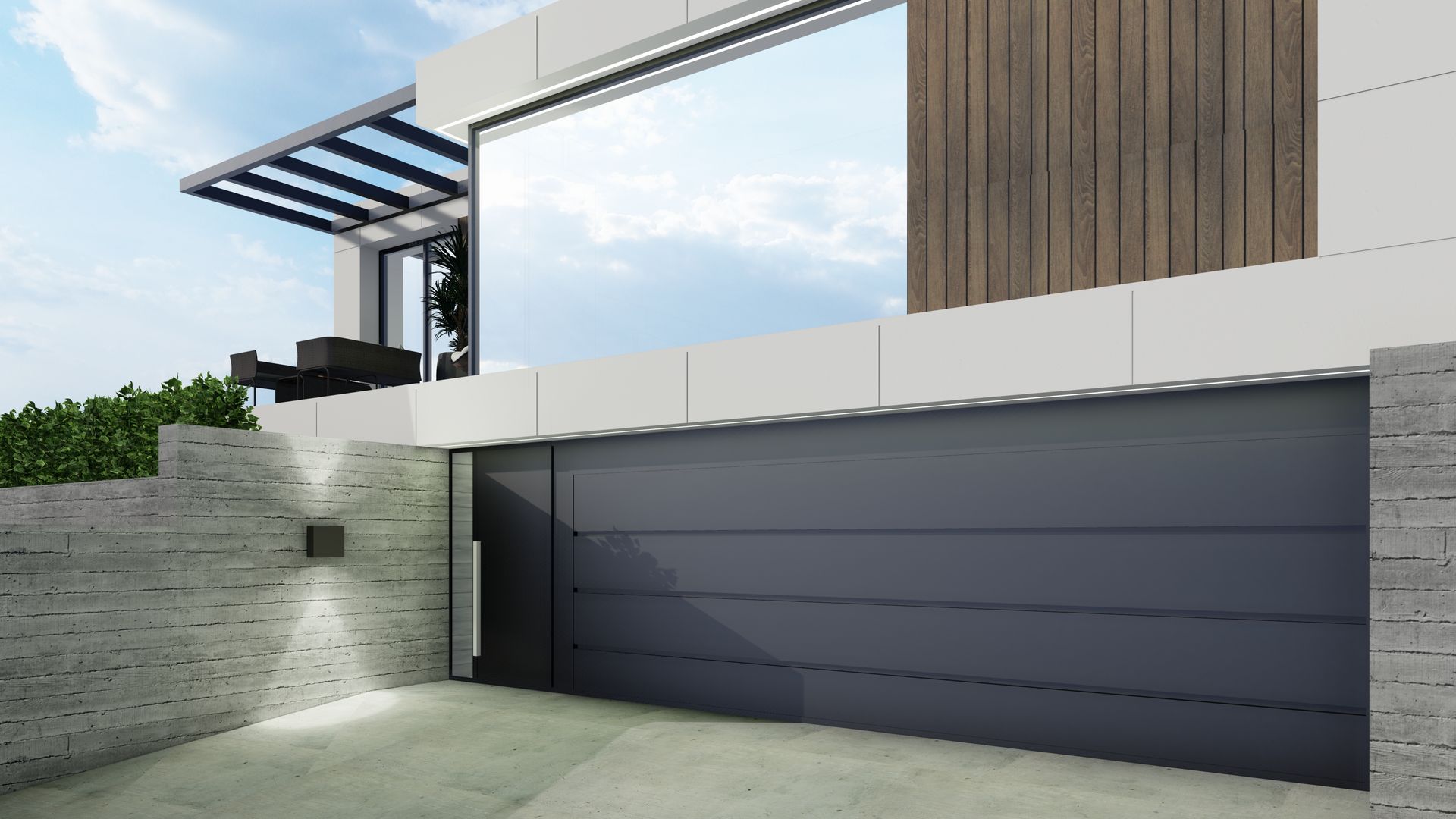 Una casa moderna con una puerta de garaje negra y una ventana grande.