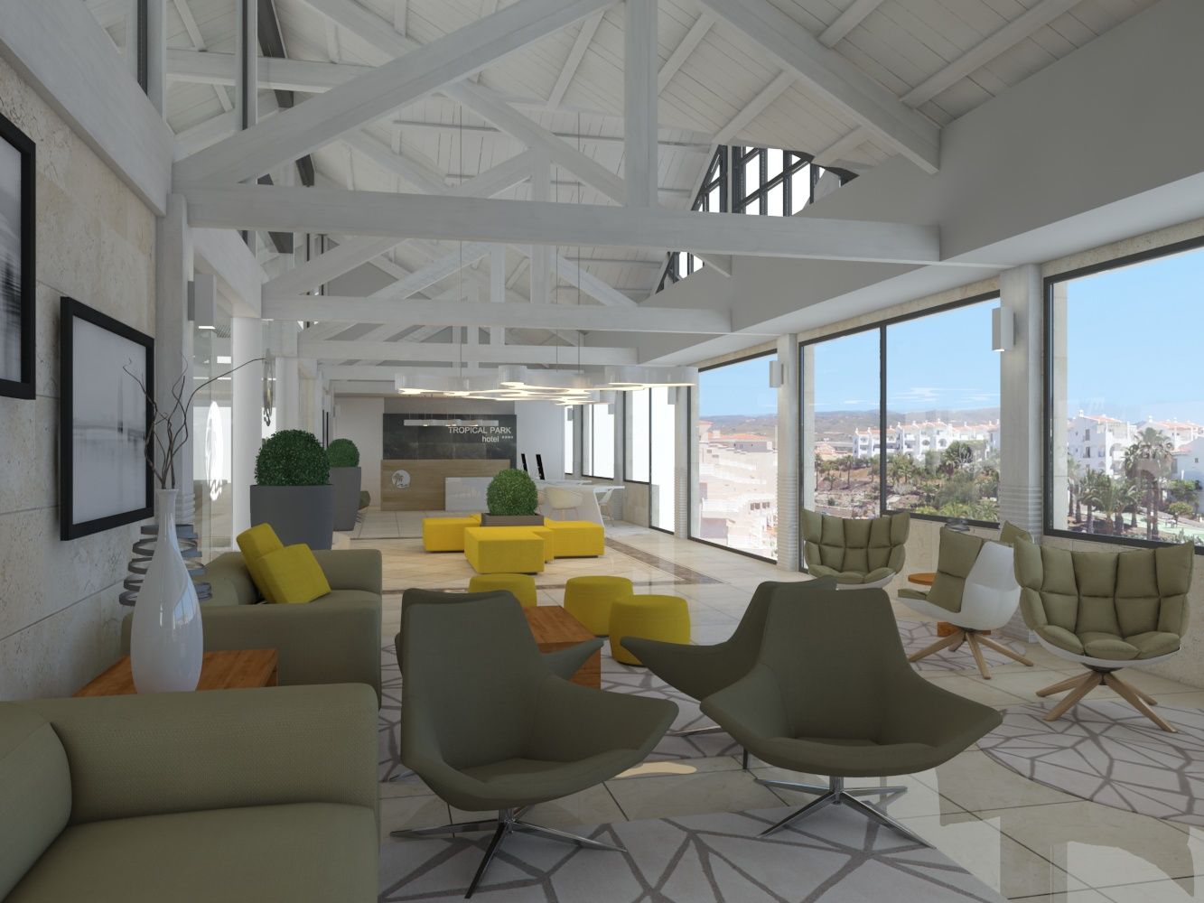 Impresión artística de una sala de estar con muchos muebles.