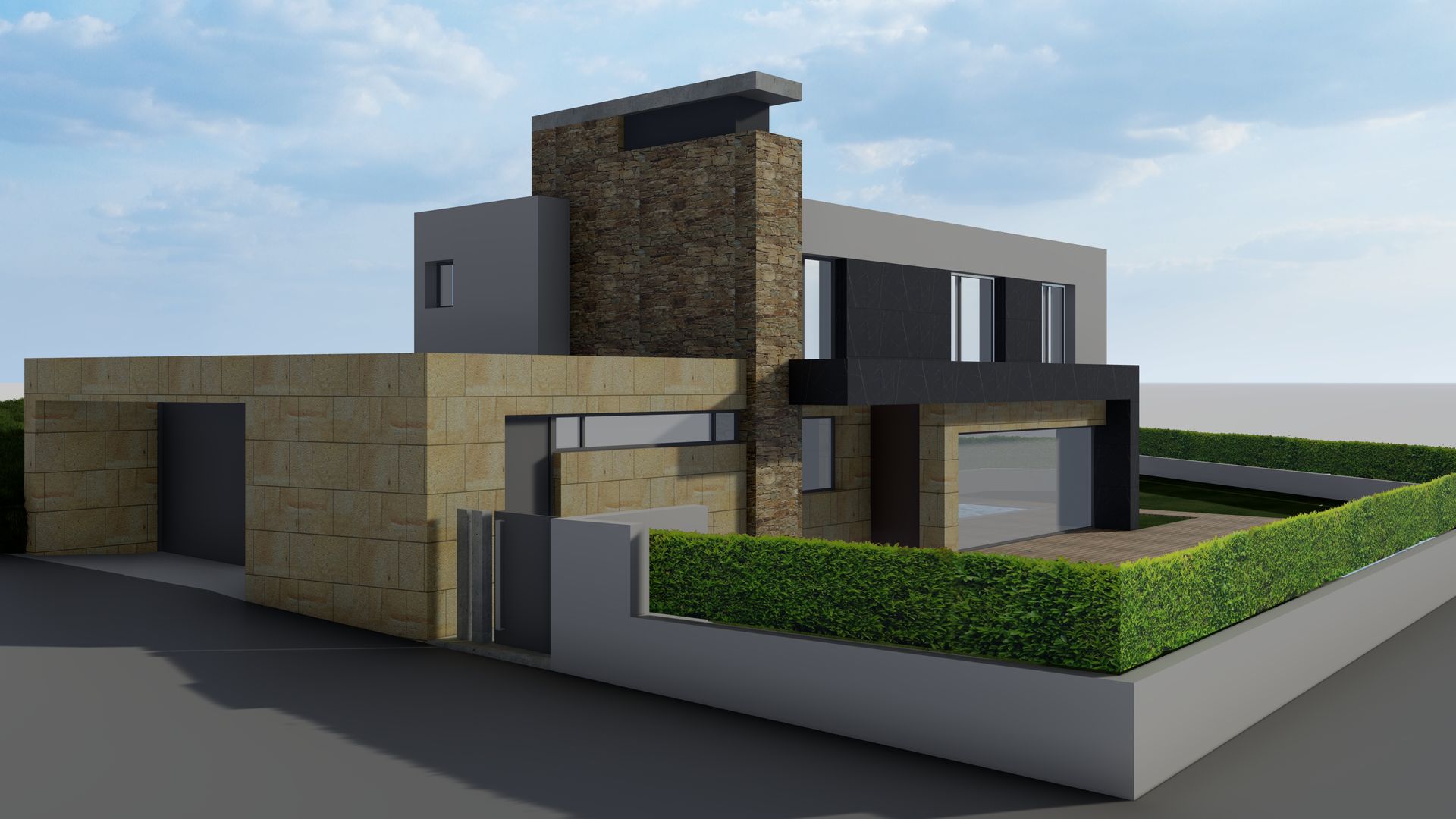 Impresión artística de una casa moderna con chimenea de piedra.
