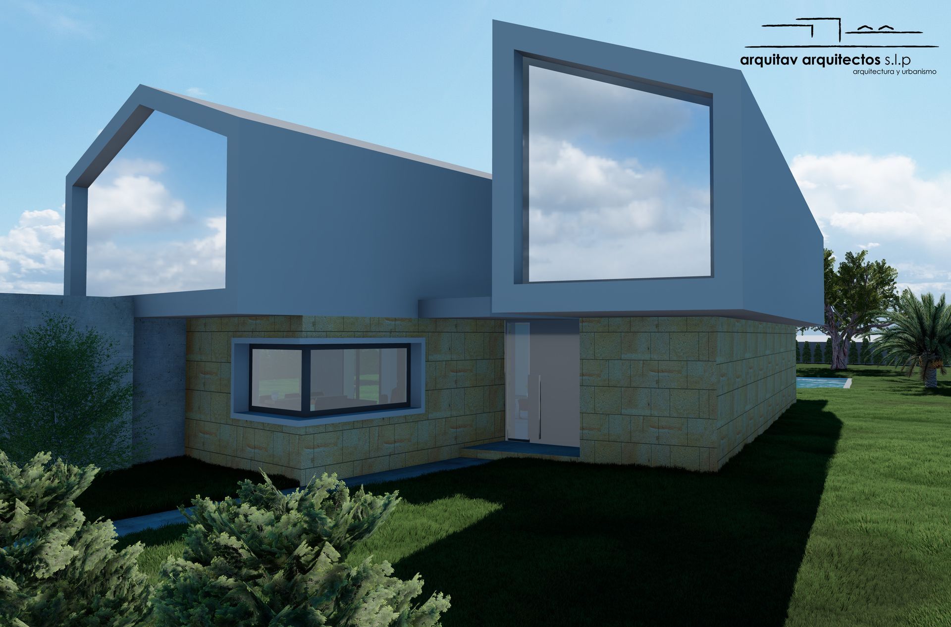 Una imagen generada por computadora de una casa con muchas ventanas.