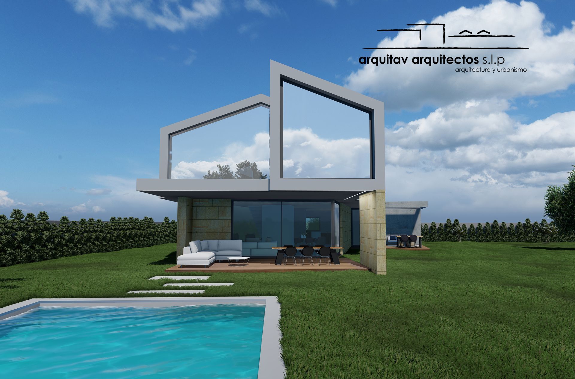 Impresión artística de una casa con piscina.