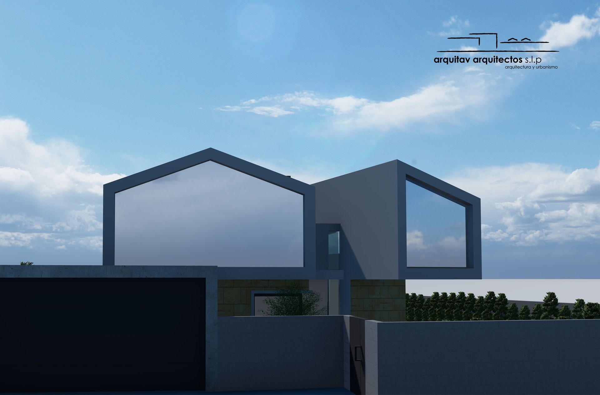 Una representación de una casa con un cielo azul al fondo.