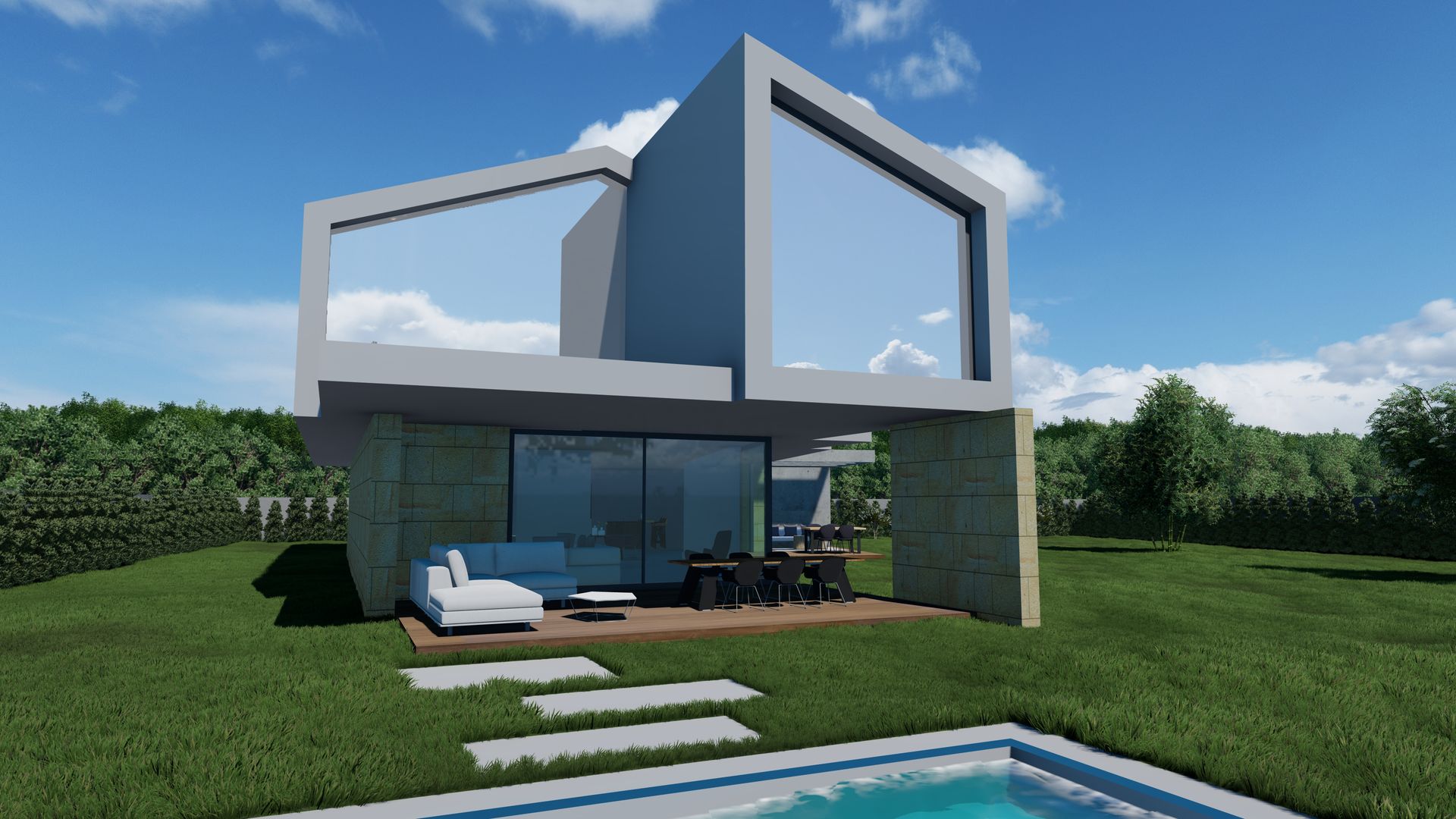 Una casa moderna con piscina en el patio trasero.