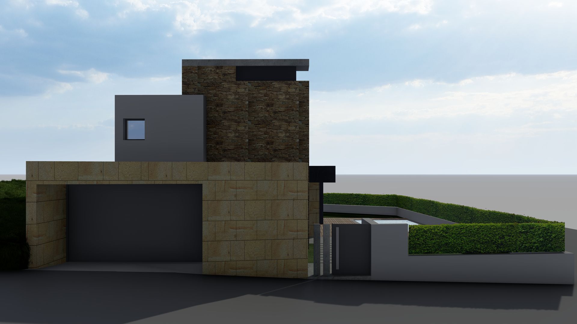 Impresión artística de una casa moderna con garaje.