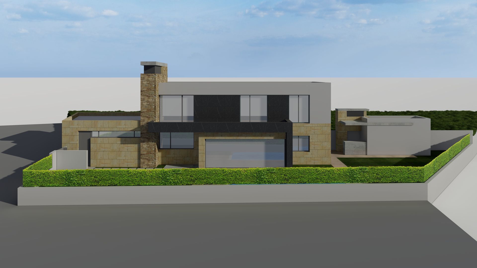 Una representación 3D de una casa moderna con chimenea.