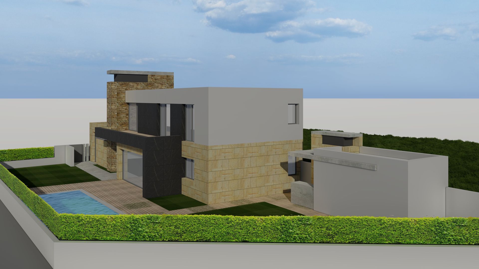 Un modelo 3D de una casa con piscina en el patio trasero.