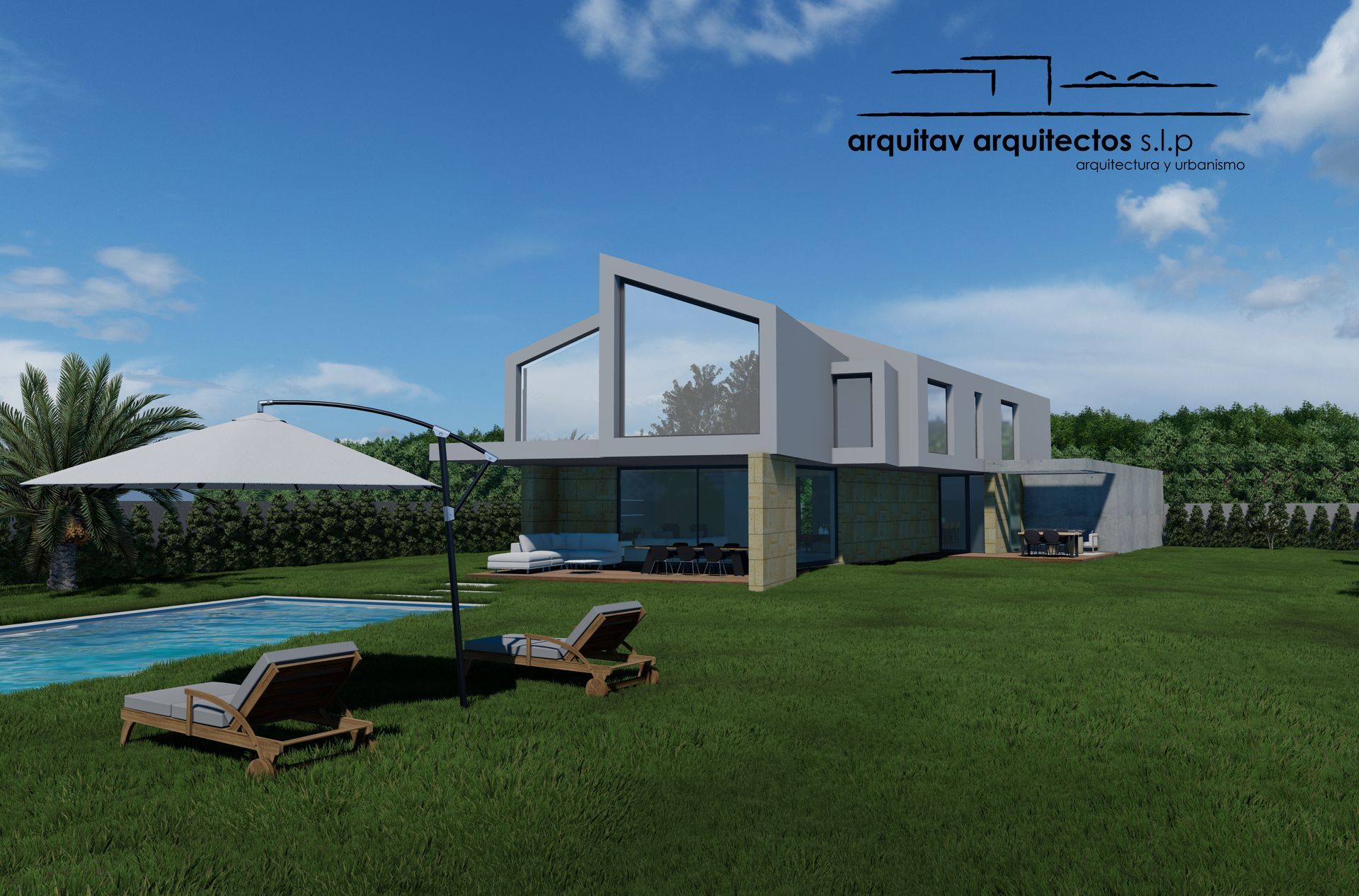 Impresión artística de una casa con piscina.