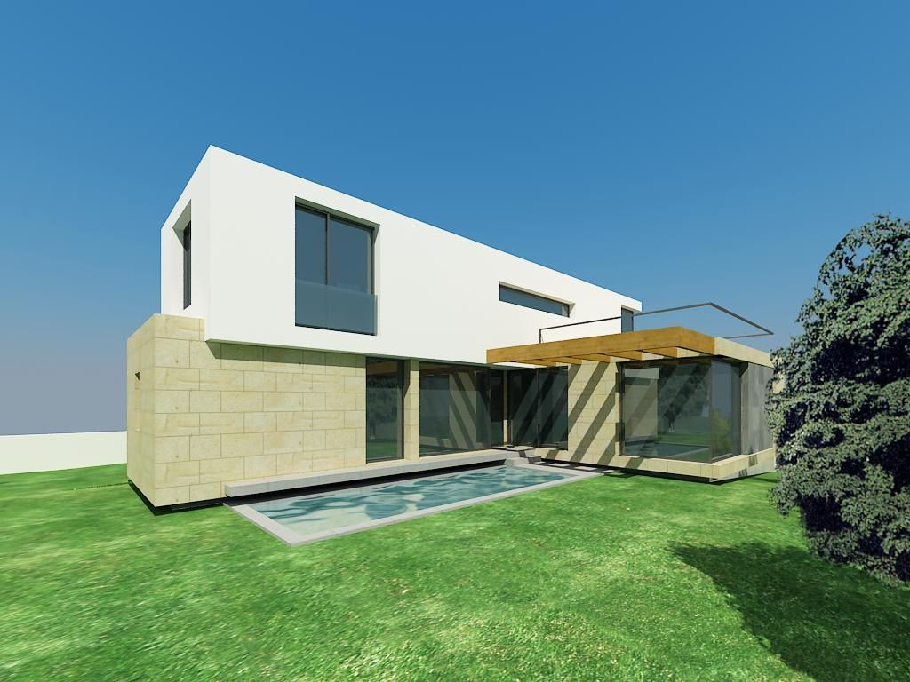 Impresión artística de una casa moderna con piscina.