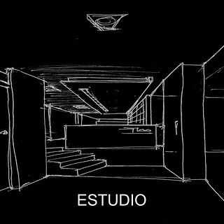 Un dibujo en blanco y negro de una habitación con la palabra estudio en la parte inferior.