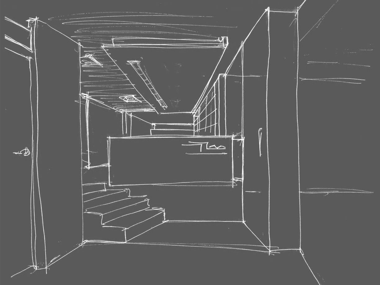 Un dibujo de un pasillo con escaleras y una puerta.