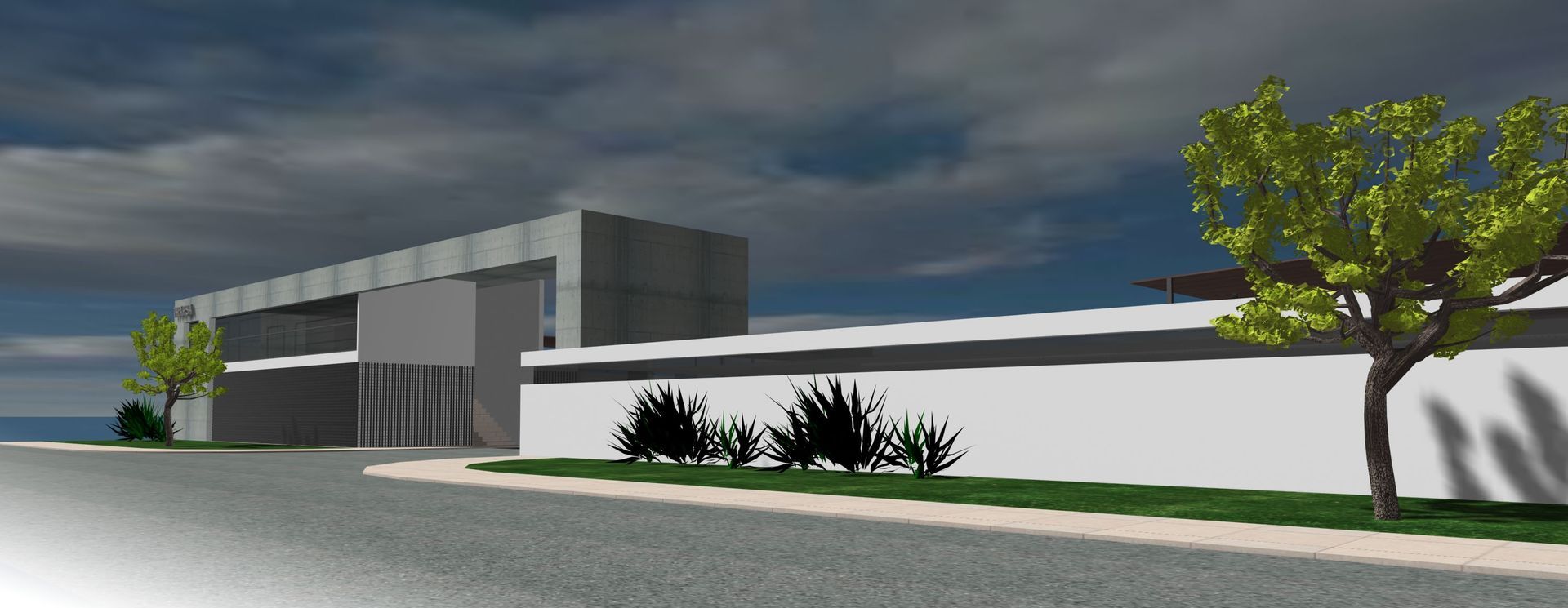 Una imagen generada por computadora de un edificio con un árbol delante.