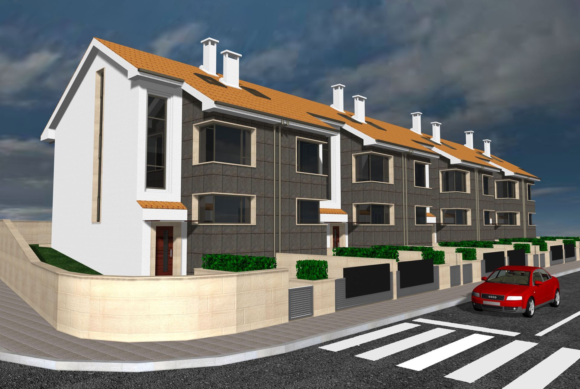Un coche rojo pasa junto a una hilera de casas.