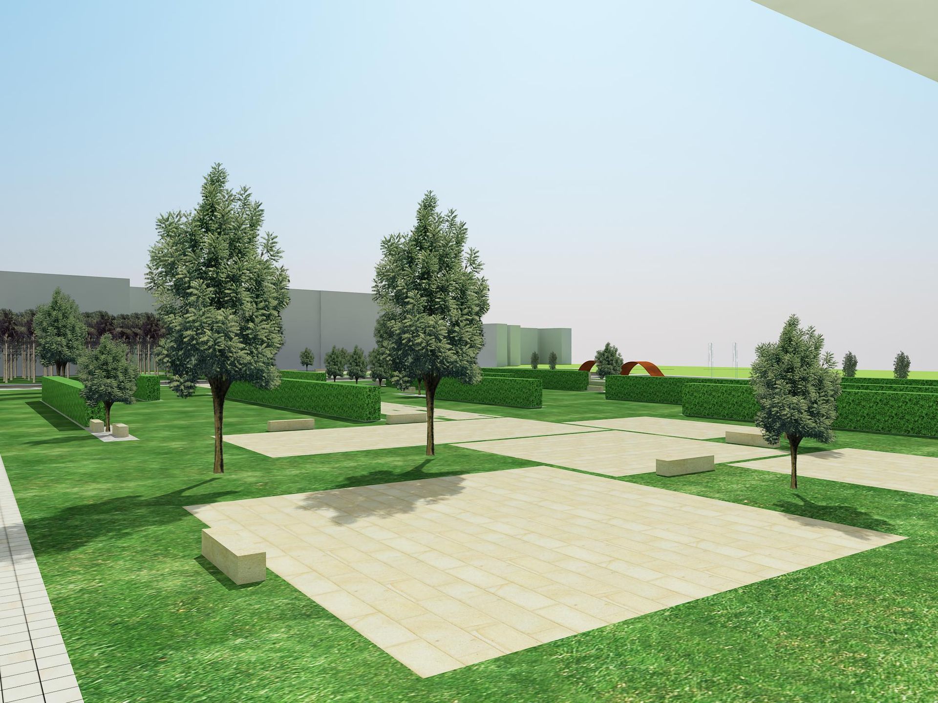 Impresión artística de un parque con árboles y césped.