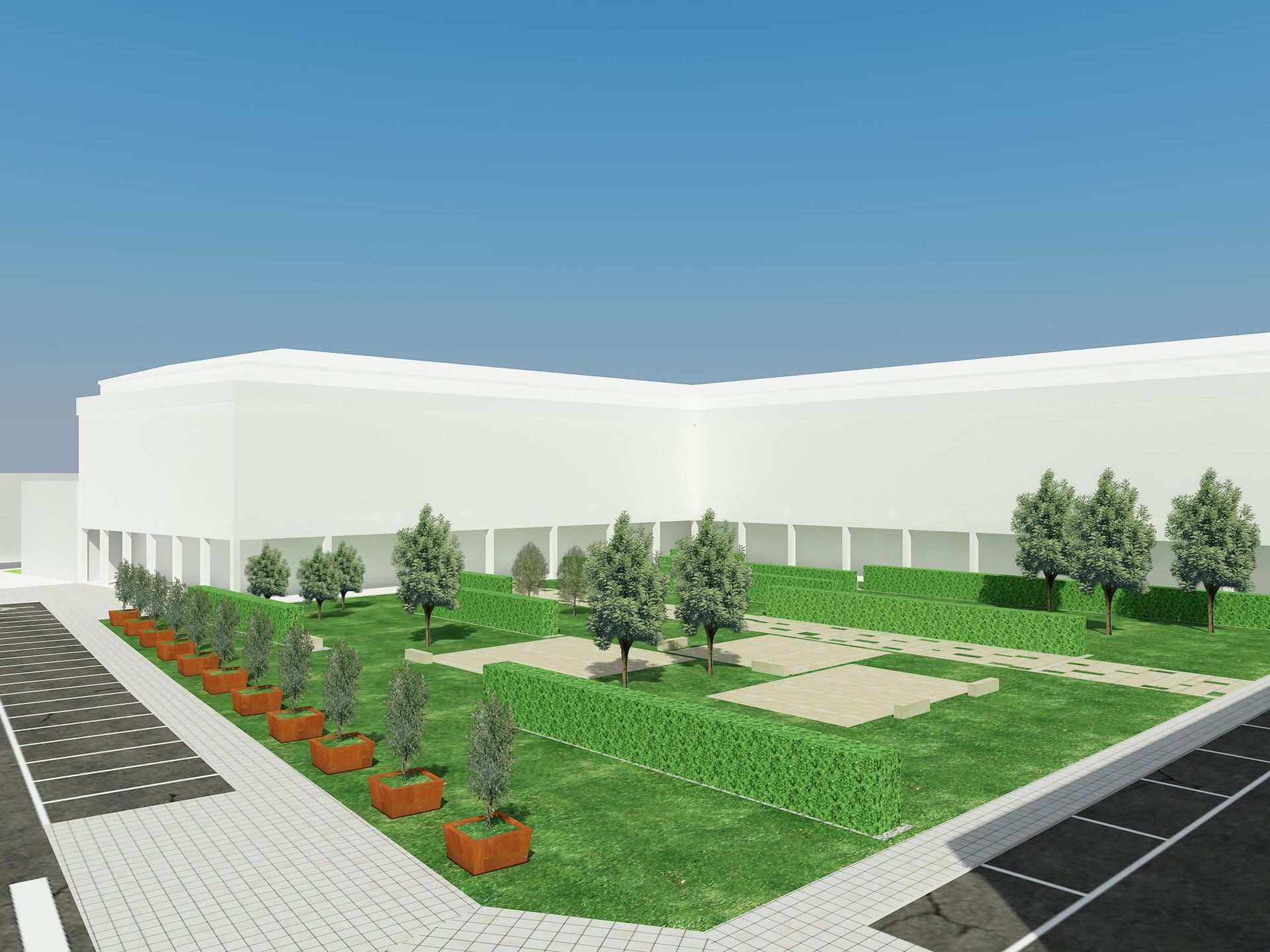 Impresión artística de un parque frente a un edificio.