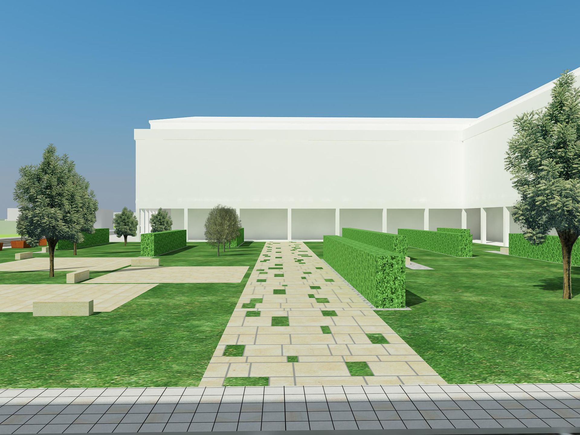 Impresión artística de un edificio con una pasarela que conduce a él.