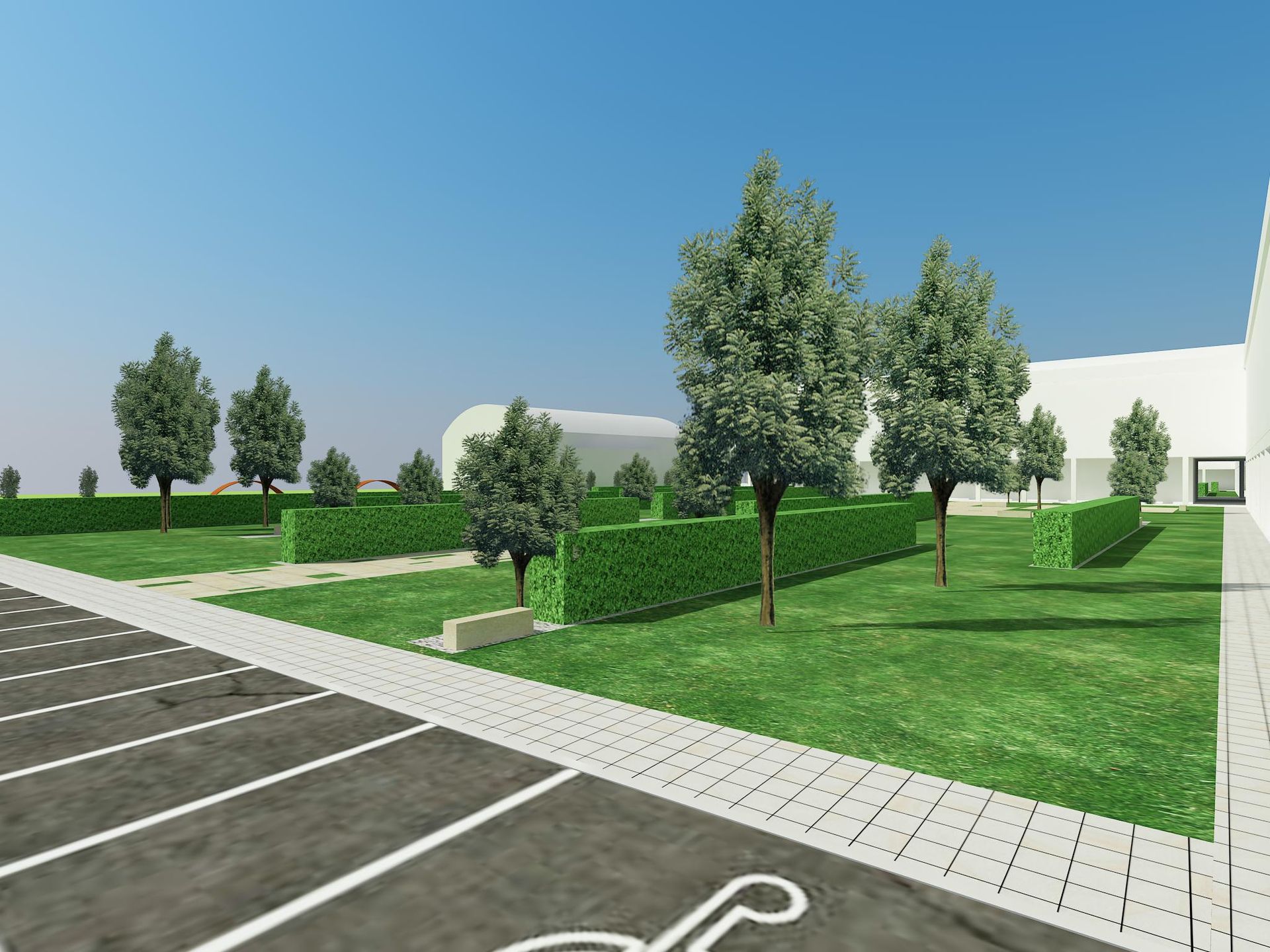 Impresión artística de un parque con un lugar de estacionamiento para discapacitados.