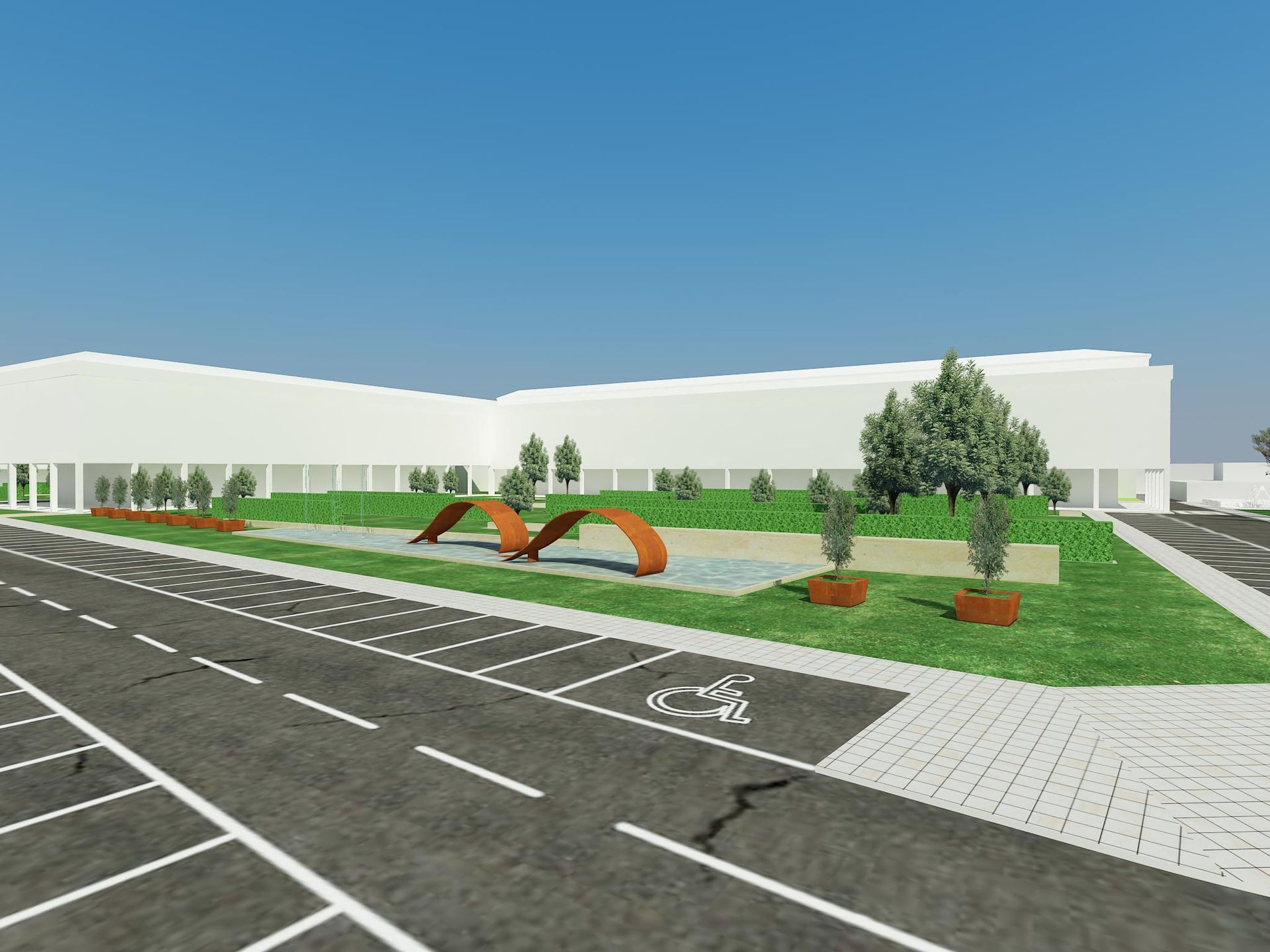 Impresión artística de un estacionamiento y un edificio.