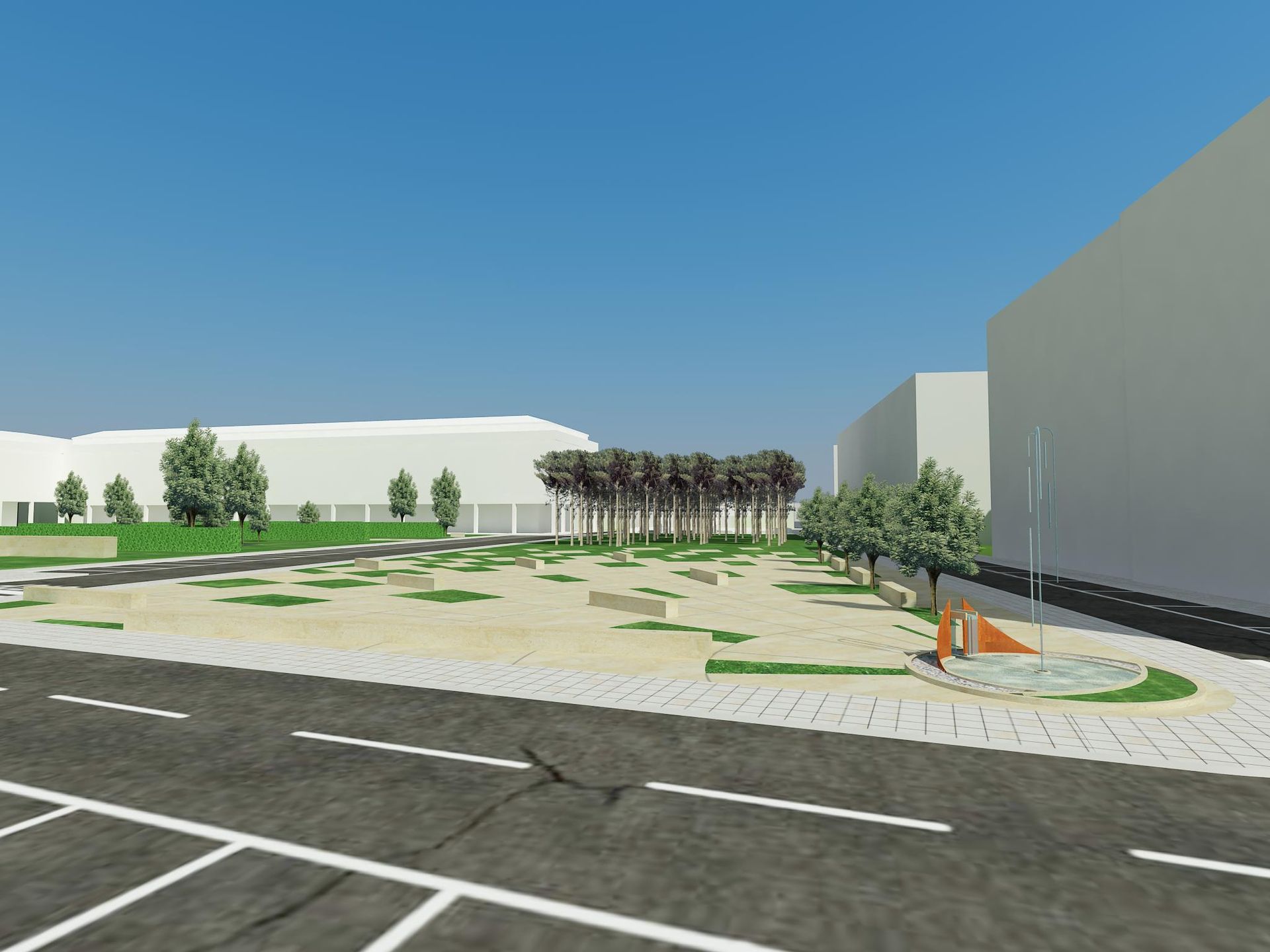 Impresión artística de un parque en medio de una ciudad.