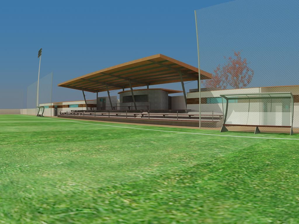 Una impresión artística de un campo de béisbol con un dugout y una valla.