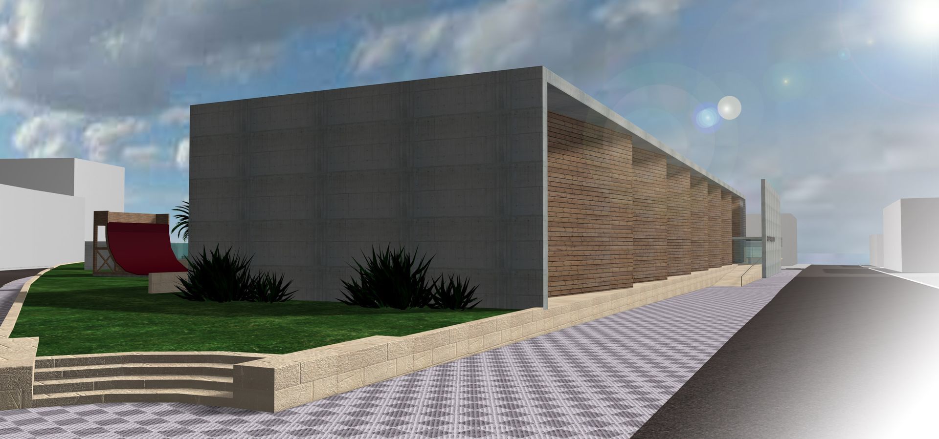 Una imagen generada por computadora de un edificio con escaleras que conducen a él.