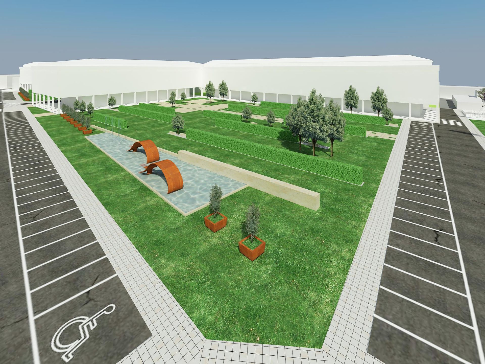 Impresión artística de un parque con un cartel para discapacitados.