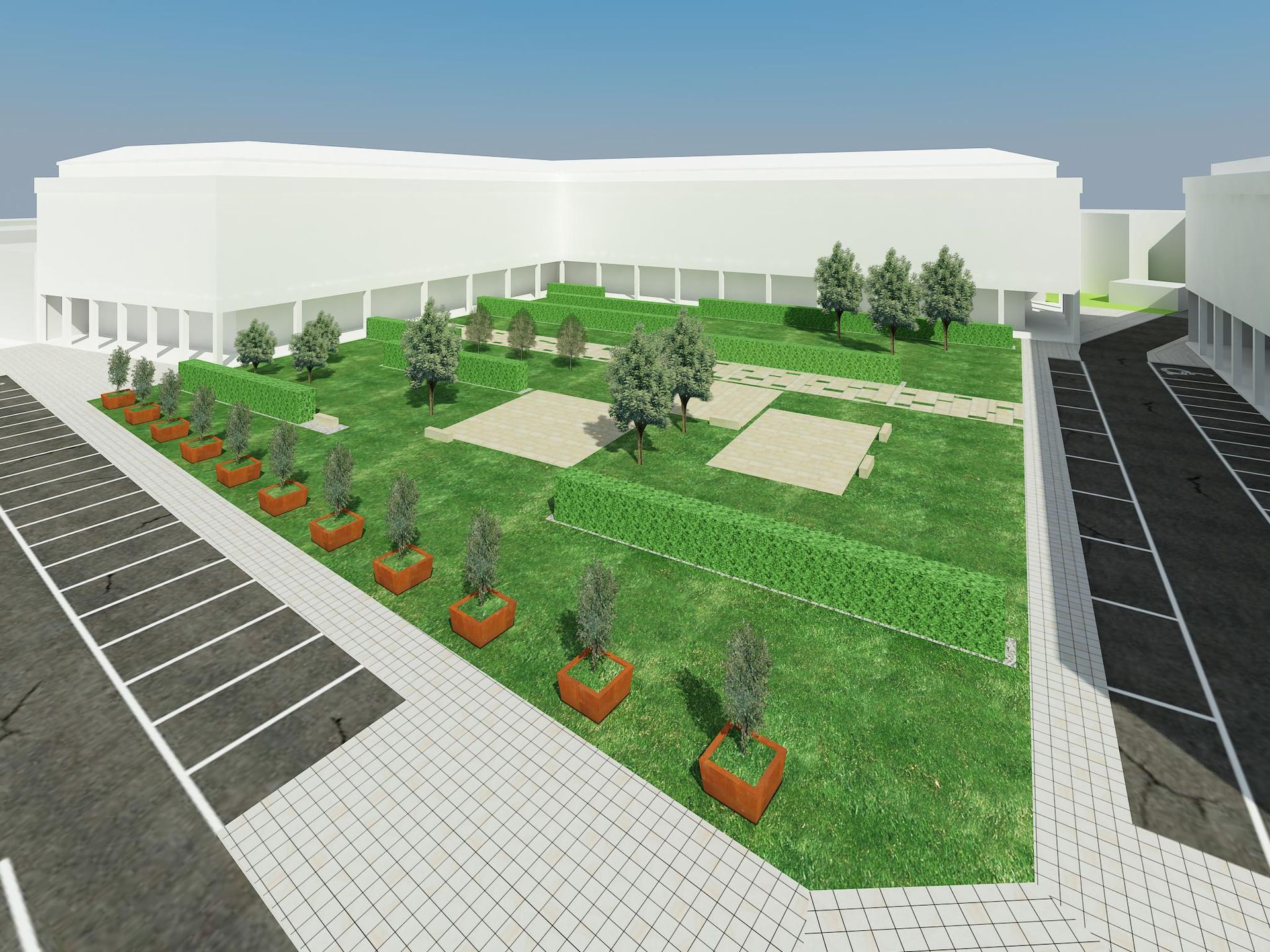 Impresión artística de un parque con un edificio al fondo.