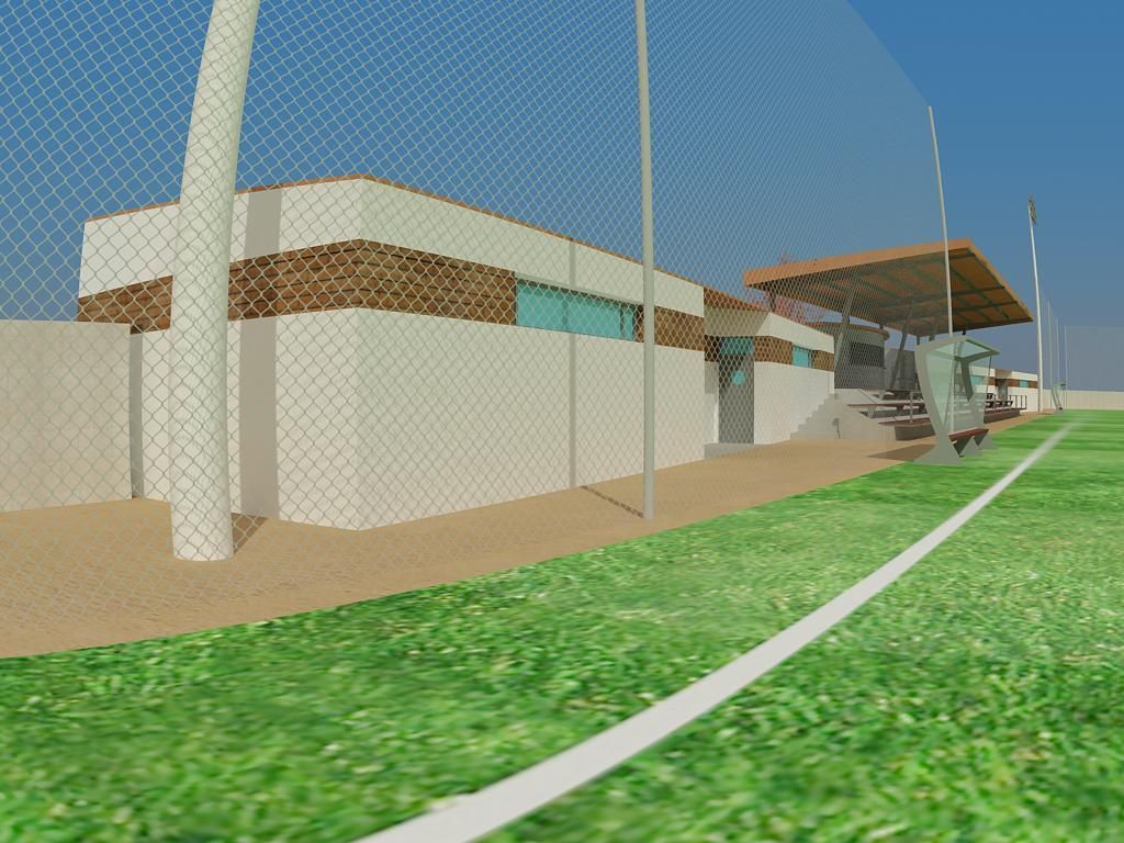 Impresión artística de un campo de béisbol con un edificio al fondo.
