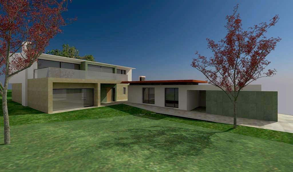 Impresión artística de una casa con garaje y un árbol delante.