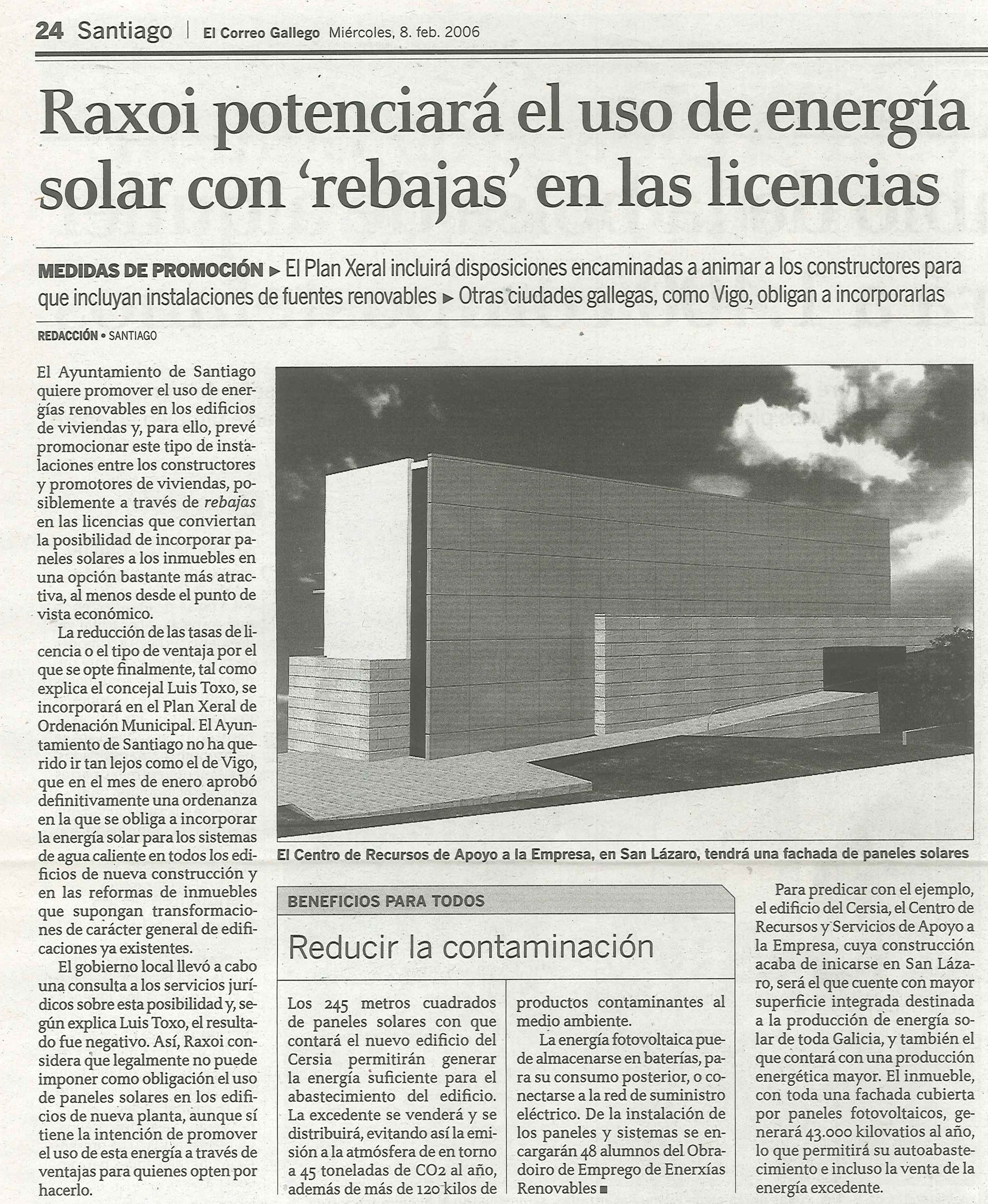 A newspaper article with a picture of a building and the title raxoi potenciara el uso de energia solar con rebajas en las licencias