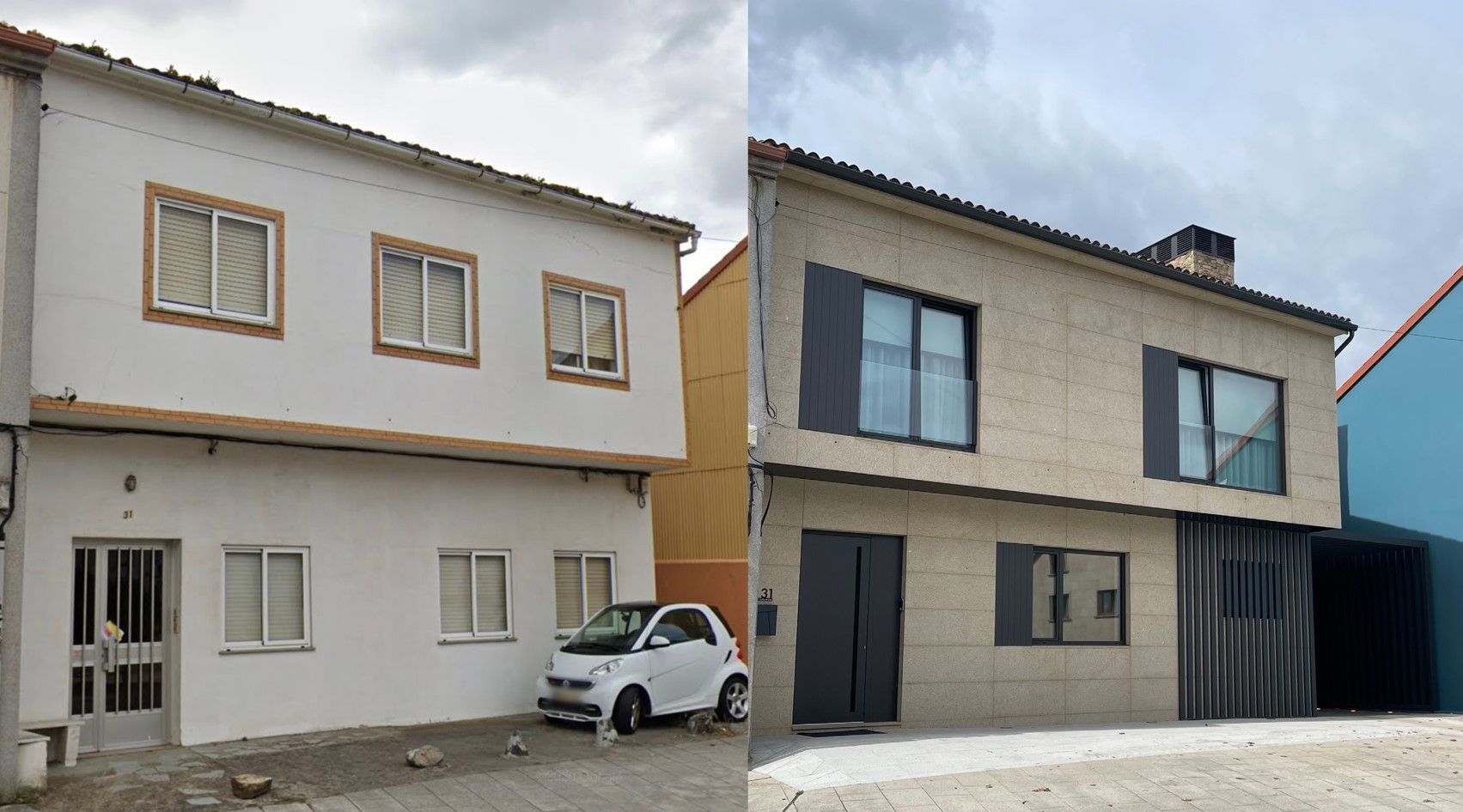 Una fotografía de antes y después de una casa con un coche aparcado delante de ella.
